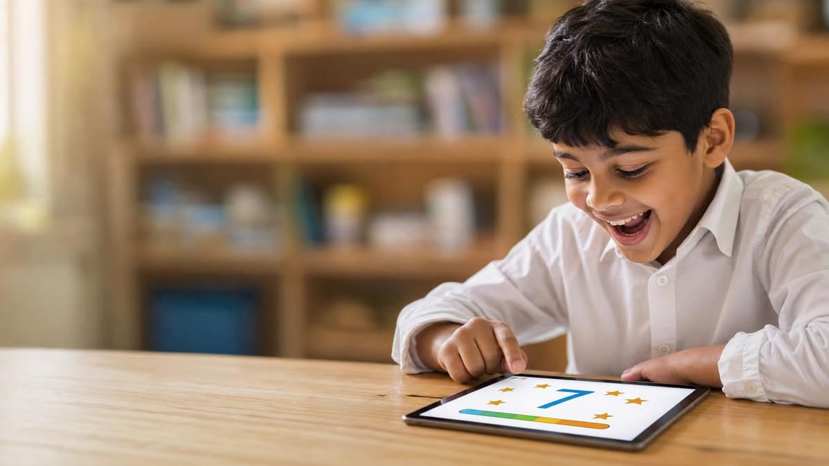 A delighted child working through a maths game on a bright tablet