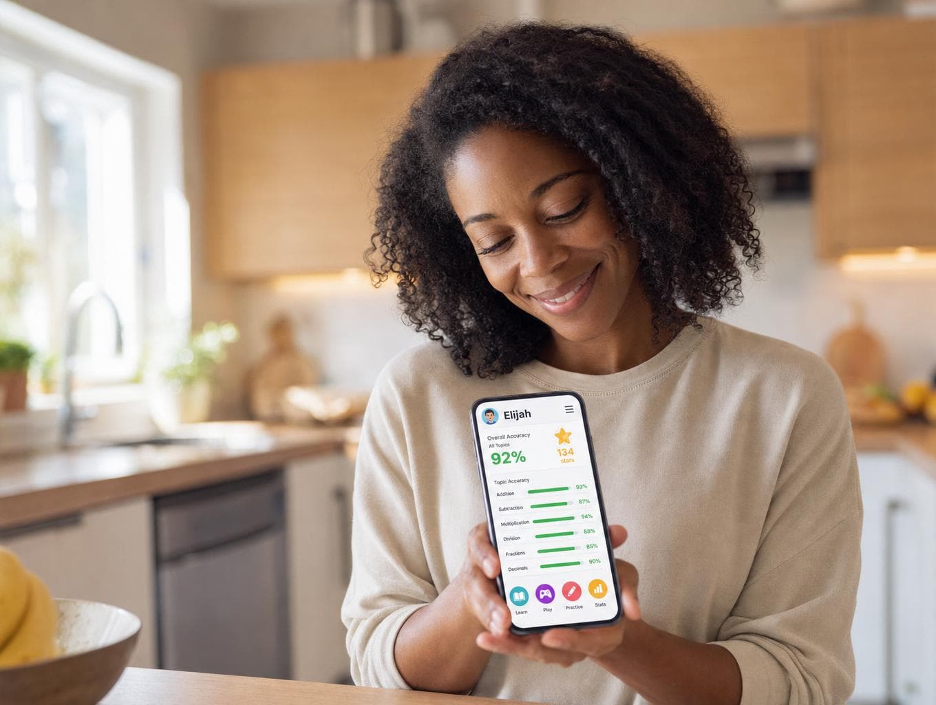 A parent smiling at their child's progress dashboard on a phone