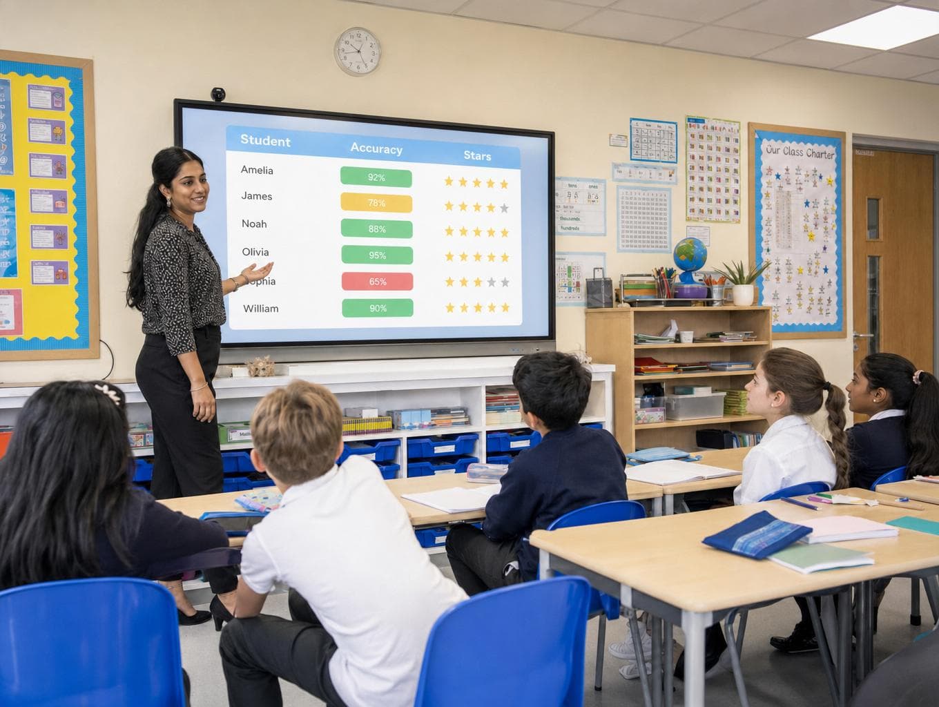 A teacher reviewing class progress on an interactive whiteboard with engaged students
